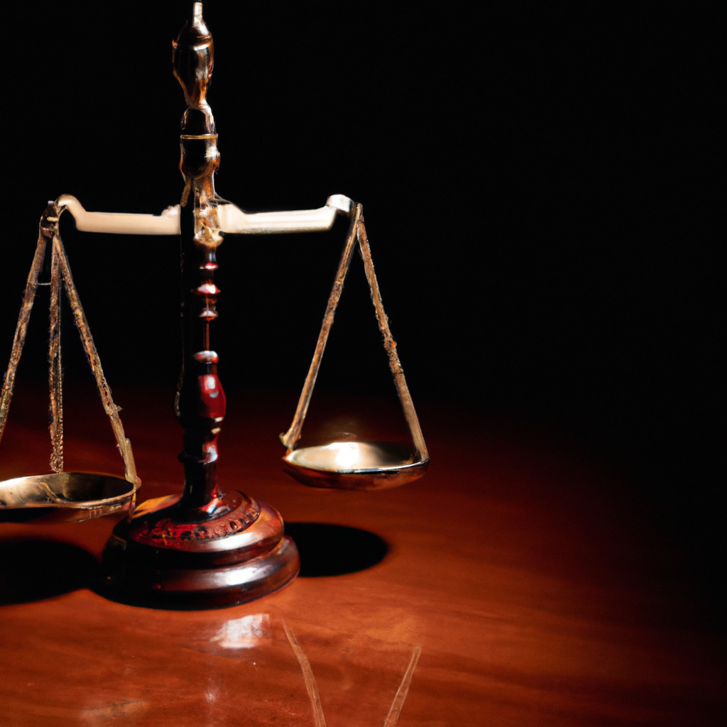 A detailed scene with a contract, gavel, and balance scales on a dark oak table with soft side lighting and realistic shadows